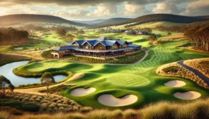 A panoramic view showcasing the lush green fairways, scenic landscape, and the clubhouse in the background.