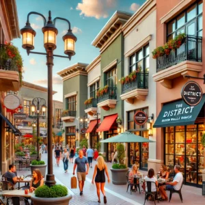 A vibrant shopping and dining area at The District in Green Valley Ranch. The scene includes a mix of boutique shops and popular restaurants with outdoor seating. People are strolling along the pedestrian-friendly streets, some carrying shopping bags, while others enjoy their meals at the outdoor tables. Decorative street lights and potted plants add to the charming atmosphere of this popular spot.